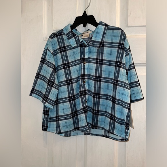 Size small blue black white checkered plaid button up crop top - Picture 1 of 5